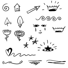 doodle emphasis elements, black on white background. Vector symbols and logo. Arrow, heart, love, hand made, homemade, star, leaf, sun, light, flower, daisy, graffitti crown, king, queen cartoon style
