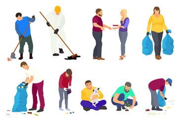 Fototapeta na wymiar Collection different Volunteers. Young and old people clean in the city Park, plant trees, collect garbage. Vector flat illustration. Volunteering, charity social concept. Ecological lifestyle.