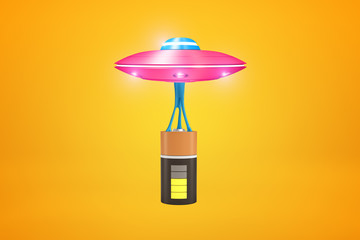 3d rendering of pink metal UFO carrying half charged battery on yellow background