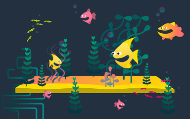 Tropical fish and plants underwater seascape on dark background, flat vector illustration