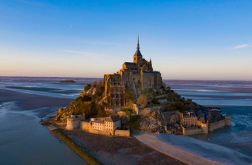 Aerial view  of sunset sky scene at Mont-Saint-Michel, Normandy, France