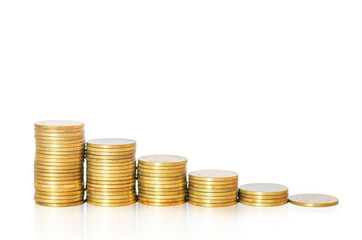 golden coin stack isolated on white background with clipping path. business money financial banking savings concept.