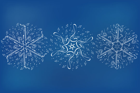 Musical snowflakes from notes, treble clef and saxophone