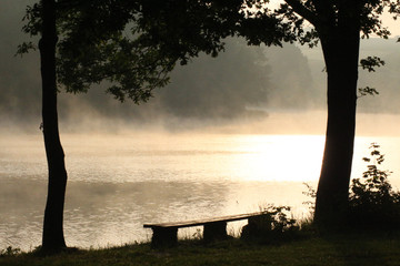 Fototapeta na wymiar Blick auf einen See mit Morgennebel