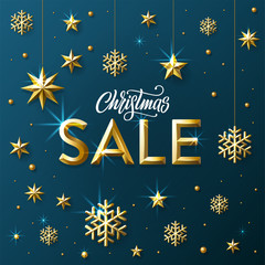 Christmas Sale lettering with Golden Stars. Vector Illustration