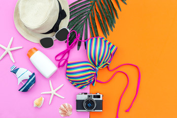 Summer Fashion woman swimsuit Bikini, camera, starfish, sunblock, sun glasses, hat. Travel in the...