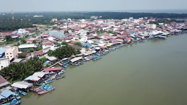 Aerial view chinese fisherman village in afternoon at Sungai Udang, Penang.