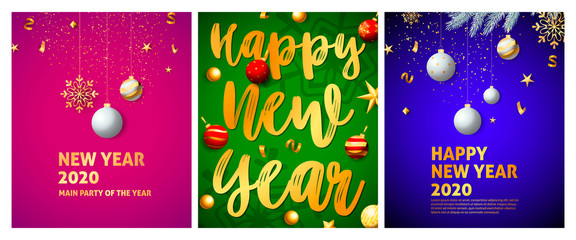 Happy New Year pink, green, blue banner set with balls