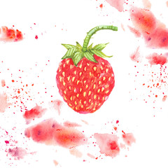 Red strawberry watercolor illustration sketch with splashes and splatters on white background