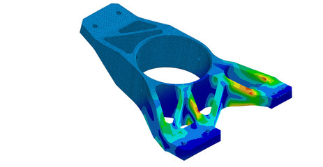 3D Illustration. Von mises stress plot and CAE mesh blend isometric view of a race car suspension upright © Mathew
