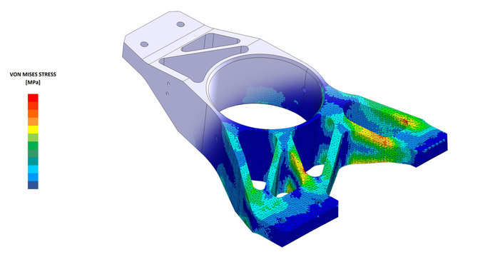 3D Illustration. Von mises stress plot and CAD model blend isometric view of a race car suspension upright with scale