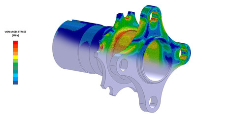 3D Illustration. Von Mises stress and CAD model blend isometric view of car suspension hub with scale © Mathew