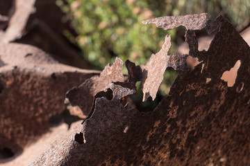 rusty brown metal, rusty brown metal, bent metal, twisted metal,  metal steel vintage plate with some old scratch, brown metal plate