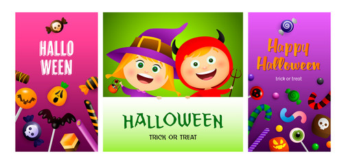 Halloween purple, green banner set with witch and devil