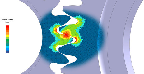 3D Illustration. Von Mises stress plot and CAD model blend detail view of spur gear mesh with scale © Mathew