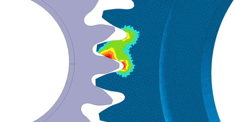 3D Illustration. Von Mises stress plot and CAD model blend side view of spur gear mesh © Mathew