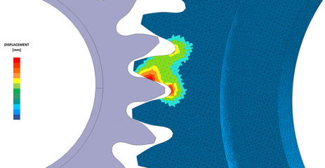 3D Illustration. Von Mises stress plot and CAD model blend side view of spur gear mesh with scale © Mathew