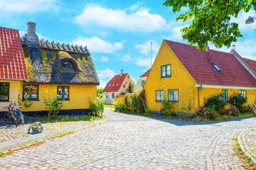 Small streets with beautiful, yellow old houses. Traditional Scandinavian houses.Dragor, Denmark....