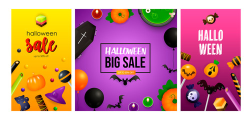 Halloween big sale yellow, violet banner collection