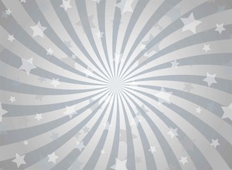 Sunlight spiral horizontal background. Silver grey color burst background with shining stars.