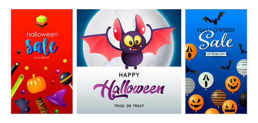Happy Halloween red, blue banner set with bats