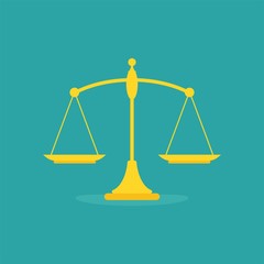 White mechanical scales balance icon isolated on blue. Justice, law scale.