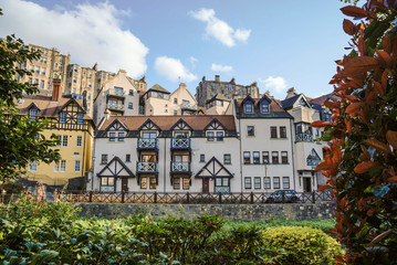 Apartments in Dean Village, Edinburgh, Scotland, UK.  The walkway in front of the appartments is popular with tourists.