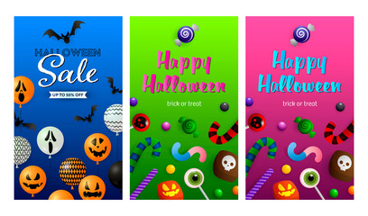 Halloween sale blue, green, pink banner set