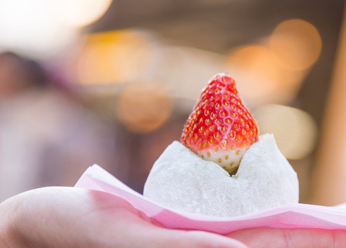 Matcha with fresh Strawberry Daifuku in hand..Azuki Red Bean Strawberry Daifuku. Tokyo sweet Hokkaido Snow Strawberry Daifuku.