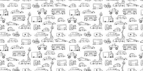 Coloring baby toy cars collection, seamless pattern for fabric design