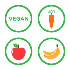 round green color signs with fruits flat vector icons isolated on white background. raw, vegan, vegetarian eco bio healthy food. refusing to eat animals