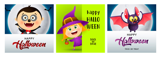 Happy Halloween banner set with vampire, witch, bat