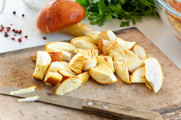 Cooking Amanita caesarea (known as Caesar's mushroom). Highly regarded edible mushroom