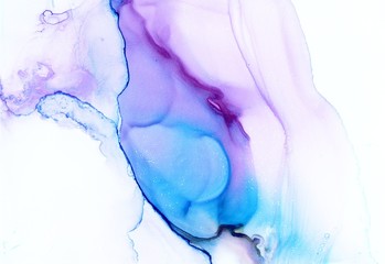 Abstract illustration in alcohol ink technique. Blue and purple marble texture with white spots. Wash drawing effect wallpaper. Modern illustration for card design and ethereal graphic design. - 296973614