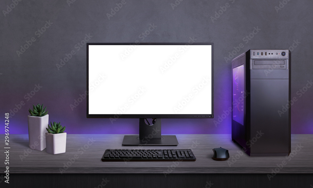 Poster gaming pc with isolated screen for mockup, app or game presentation. modern case with rgb light, key