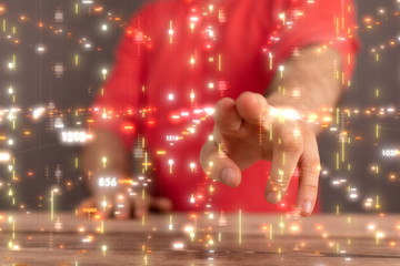 Businessman pressing document icon over computer binary code