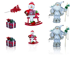 Set of Christmas decorations, figurines, Santa, snowman, gift box,rowan with shadows, reflections isolated on white background