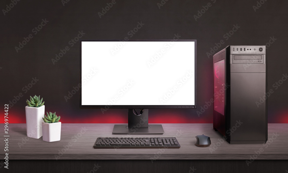 Poster gaming computer display isolated for mockup, game presentation. red light on computer case and desk.