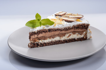 delicious cake with chocolate cream on a gray plate