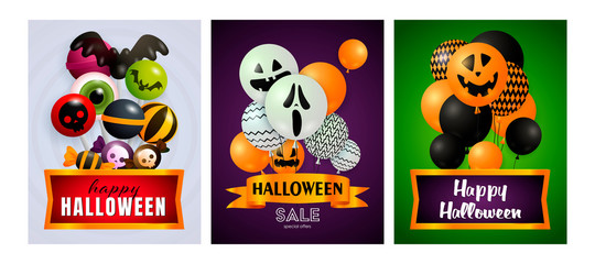 Halloween sale gray, violet, green banner set