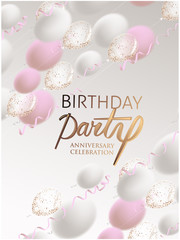 Birhday party banner with levitating serpentine and air balloons. Vector illustration