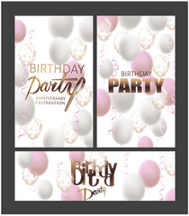 Birhday party banner with levitating serpentine and air balloons. Vector illustration