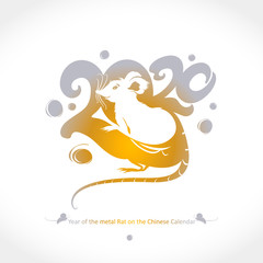 Year of the White Metal Rat 2020 on the Chinese Calendar. New Year greeting template. 2020 calligraphy and pretty mouse. Vector Illustration.