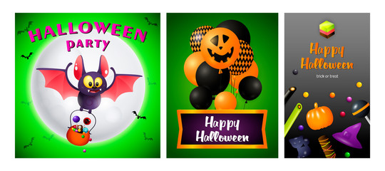 Happy Halloween green, gray banner collection with bat
