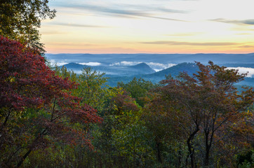 View of the fog covered valley below. Taken from the top of Morrow Mountain State Part NC