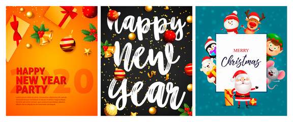 Happy New Year orange, black, blue banner set with animals