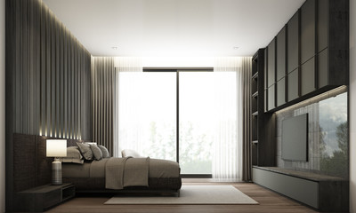 Bedroom modern minimal style with built-in headboard and tv cabinet with dark wooden and black tile. 3d rendering