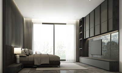 Bedroom modern minimal style with built-in headboard and tv cabinet with dark wooden and black tile. 3d rendering
