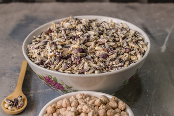  white dishes with corn and chickpea