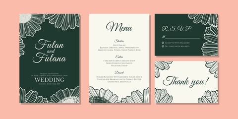 Fototapeta na wymiar set wedding invitation card with hand drawn doodle floral daisy flower outline monochrome style vintage retro traditional background template cover mock up beauty elegant vector illustration